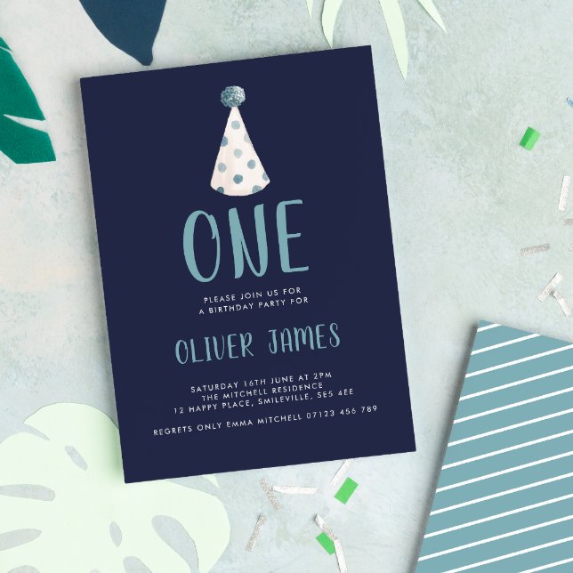 Convites Blue Watercolor Party Hat 1st Birthday Party (Criador carregado)