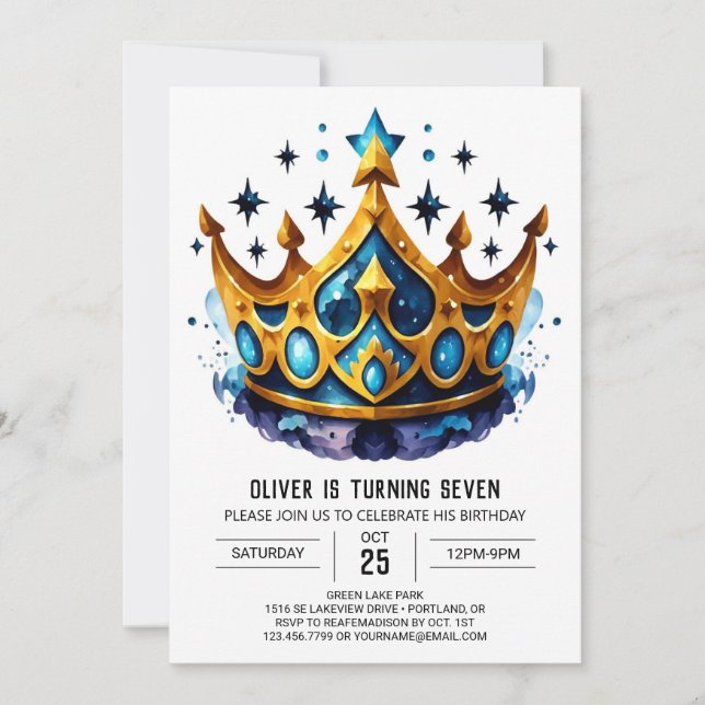 Convites Blue Watercolor Prince Crown Aniversário (Frente)