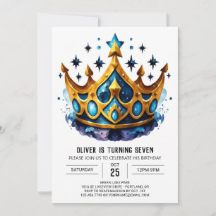 Convites Blue Watercolor Prince Crown Aniversário