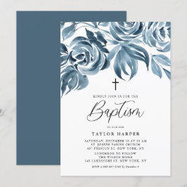 Convites Blue Watercolor Rosa de inverno Baptism