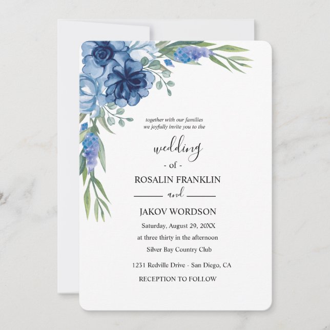 Convites blue watercolor rustic wedding (Frente)