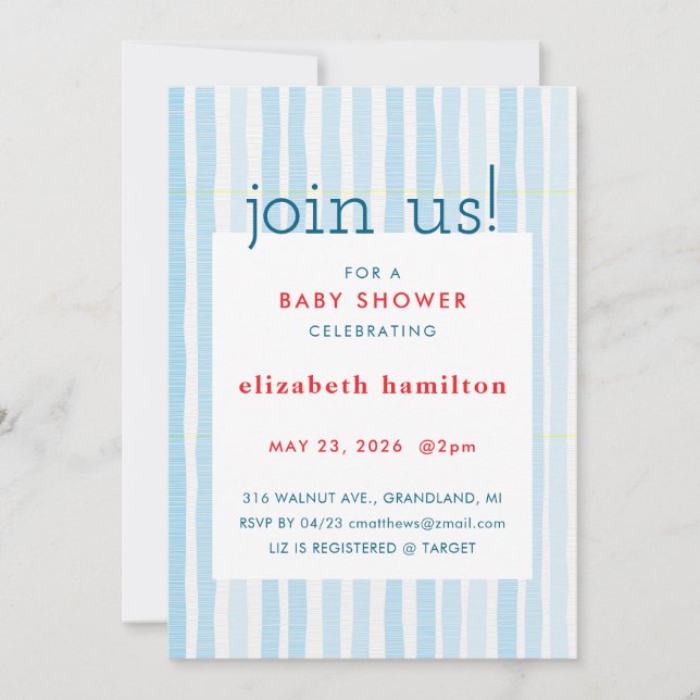 Convites Blue Watercolor Stripes Baby Shower Invitation (Frente)