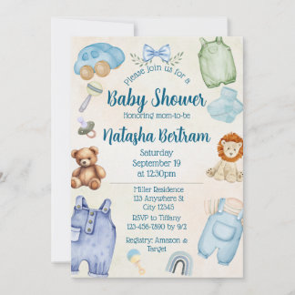 Convites Blue Watercolor Toys & Clothes Baby Shower