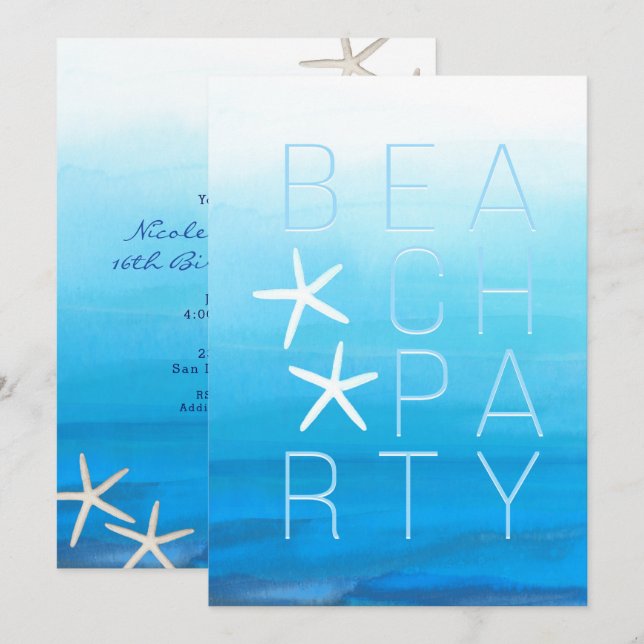 Convites Blue Watercolor Tropical Modern Beach Party (Frente/Verso)