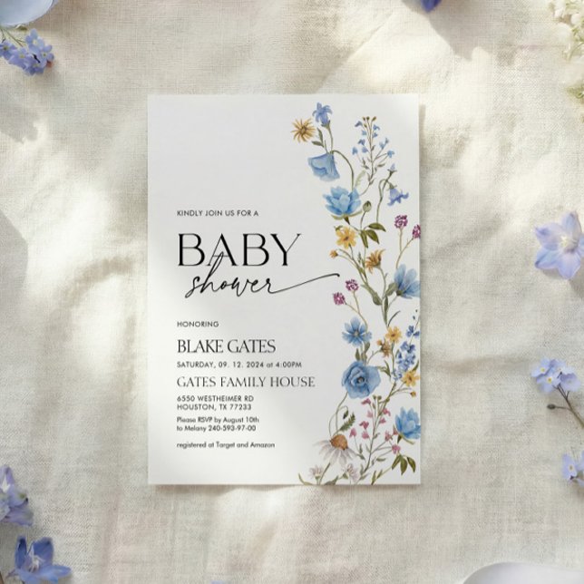 Convites Blue Watercolor Wildflower Baby Shower (Criador carregado)