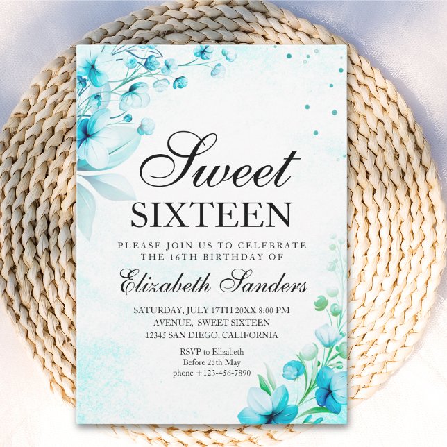 Convites  Blue Watercolor Wildflowers Modern Sweet Sixteen (Criador carregado)