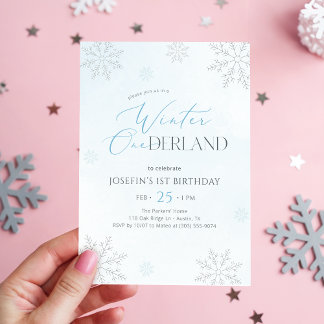 Convites Blue Watercolor Winter Onederland First Birthday