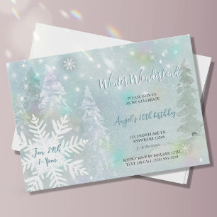 Convites Blue Watercolor Winter Wonderland Birthday