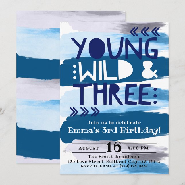 Convites Blue Watercolor Young Wild & Three aniversário de  (Frente/Verso)