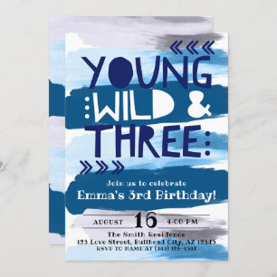 Convites Blue Watercolor Young Wild & Three aniversário de 