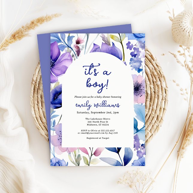 Convites Blue Watercolour Wildflower Its a Boy Baby Shower (Criador carregado)
