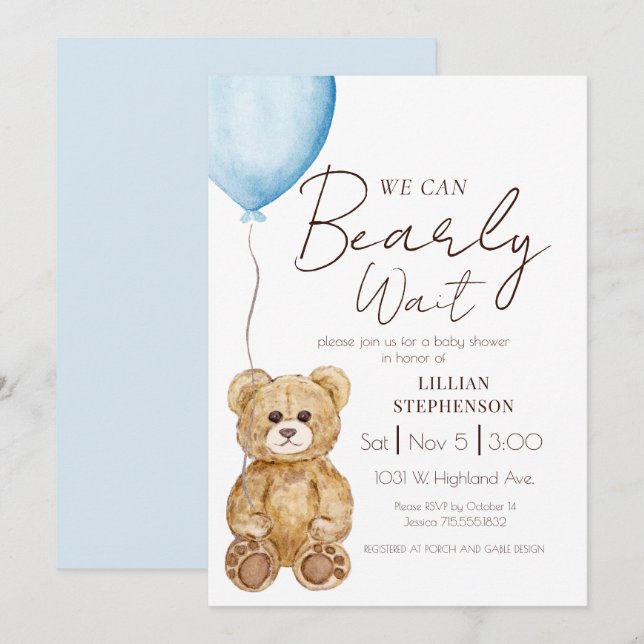 Convites Blue We Can Bearly Wait Boy Baby Shower (Frente/Verso)