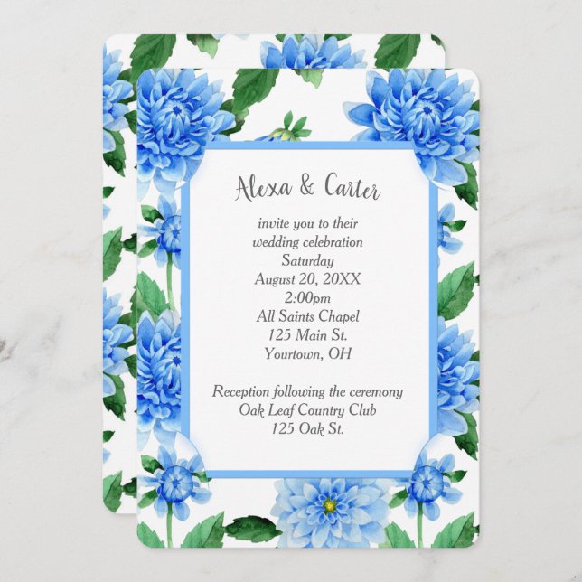 Convites Blue Wedding Dahlia Watercolor (Frente/Verso)