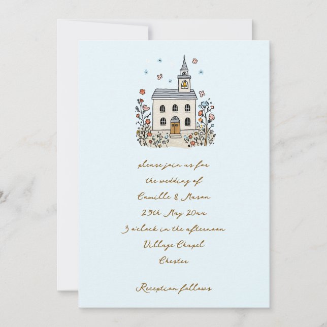 Convites Blue Whimsical Chapel Doodle Wedding (Frente)