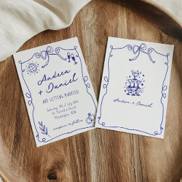 Convites Blue Whimsical Quirky Hand desenhado Casamento