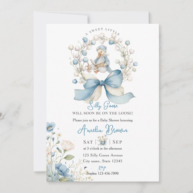 Convites Blue Whimsical Silly Goose Baby Shower Invitation (Frente)