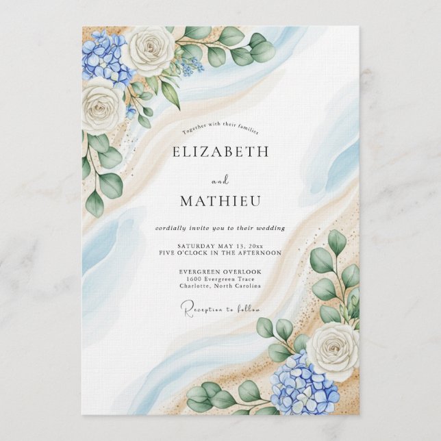 Convites Blue & White Botanical Abstract Wedding (Frente)