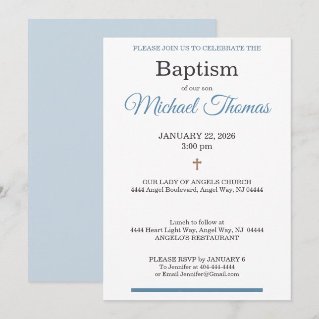 Convites Blue White Cross Custom Name Baptism (Frente/Verso)