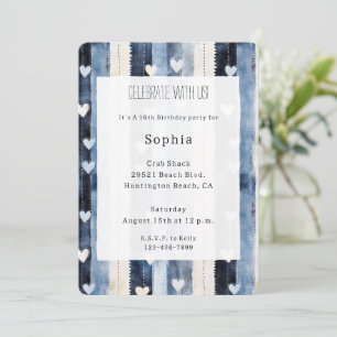 Convites Blue White Denim Heart Stripes Birthday