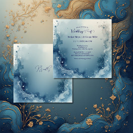 Convites blue white Dreamy coastal marble ink wedding