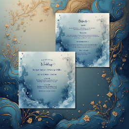 Convites blue white Dreamy coastal marble ink wedding