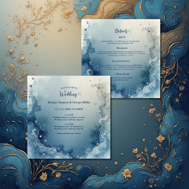 Convites blue white Dreamy coastal marble ink wedding (Criador carregado)