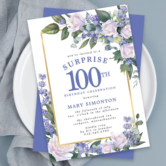 Convites Blue White Floral 100th Birthday Surprise Party (Criador carregado)