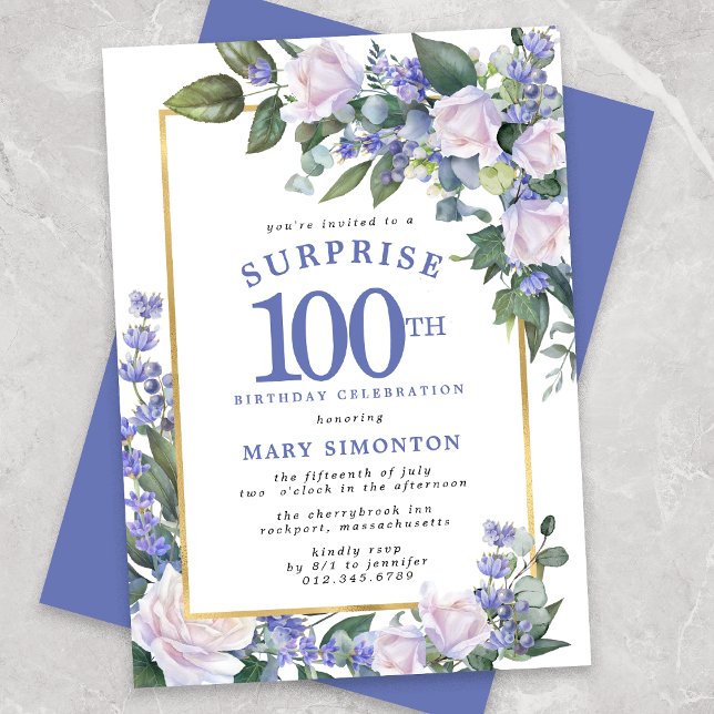 Convites Blue White Floral 100th Birthday Surprise Party (Criador carregado)