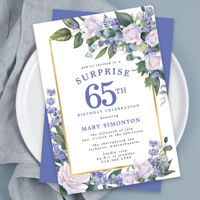 Convites Blue White Floral 65th Birthday Surprise Party (Criador carregado)