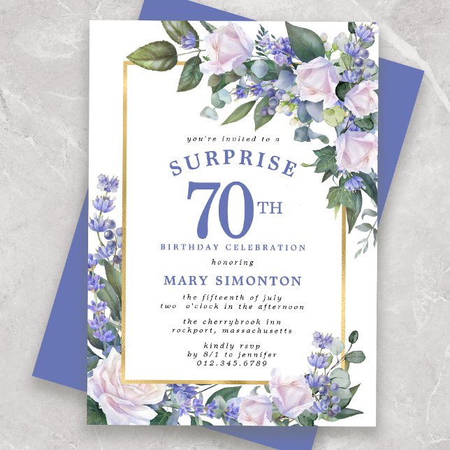 Convites Blue White Floral 70 Birthday Surprise Party (Criador carregado)