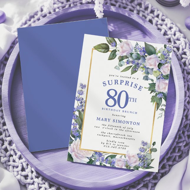 Convites Blue White Floral 80 Surprise Birthday Brunch (Criador carregado)