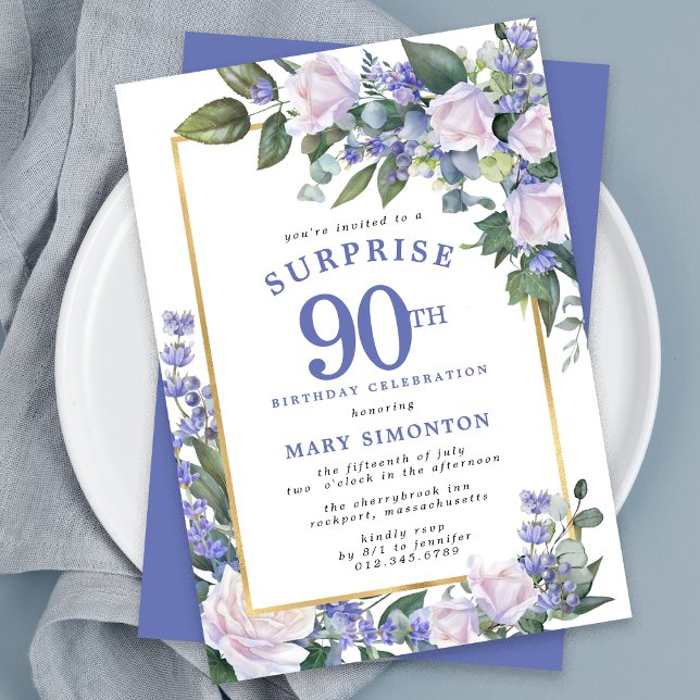 Convites Blue White Floral 90 Birthday Surprise Party (Criador carregado)