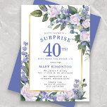 Convites Blue White Floral aniversário de 40 anos Surprise<br><div class="desc">Honre uma mulher especial com este elegante e feminino aniversário de 40 anos Surpresa Convite de festas. Surpresa e 40º estão escritas em grande texto azul. A Celebração de Aniversário segue. O nome do convidado também está em letras azuis. Os detalhes da comemoração de aniversário estão rodeados por um quadro...</div>