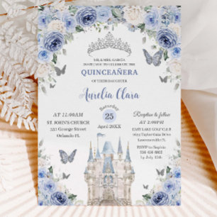 Convites Blue White Floral Princess Castle Quinceañera XV