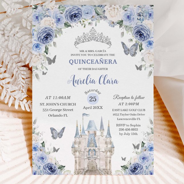 Convites Blue White Floral Princess Castle Quinceañera XV (light-dusty-blue-white-floral-princess-castle-fairytale-silver-Quinceañera-sweet-16-birthday-invite)