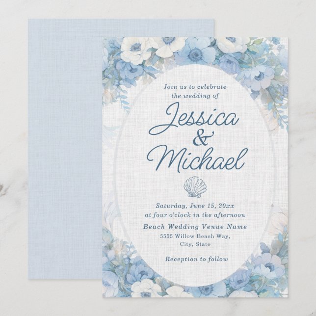 Convites Blue White Floral Seashell Coastal Beach Wedding  (Frente/Verso)