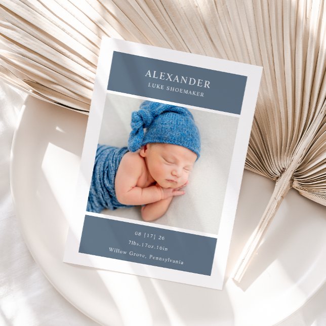 Convites Blue White Minimalist Photo Baby Announcement Card (Criador carregado)