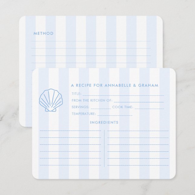 Convites Blue White Shell Beachy Bridal Shower Recipe Card (Frente/Verso)