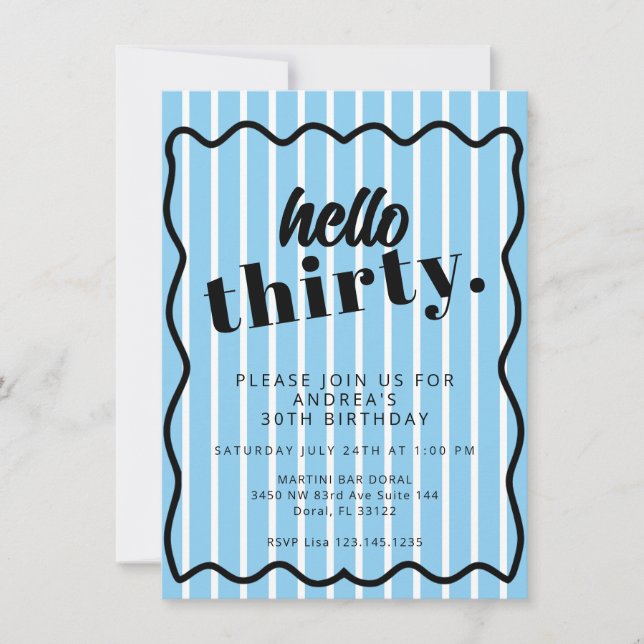 Convites Blue White Stripes Trinta aniversário de 30 anos (Frente)