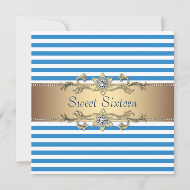 Convites Blue White Summer Stripe Doce Dezesseis Festa (Frente)