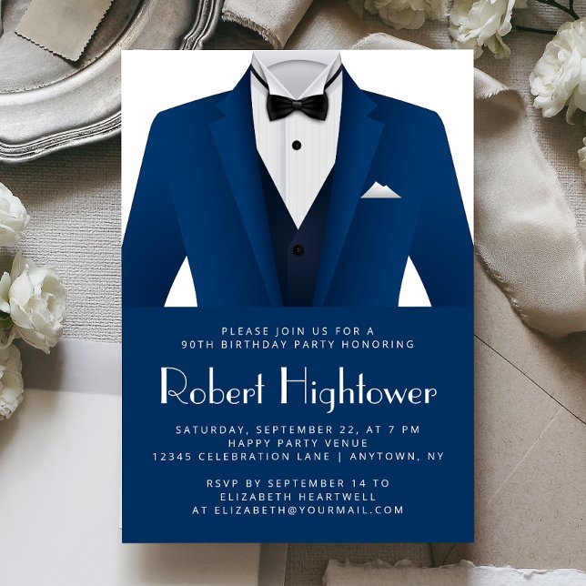 Convites Blue White Tuxedo Mens Birthday Party (Criador carregado)