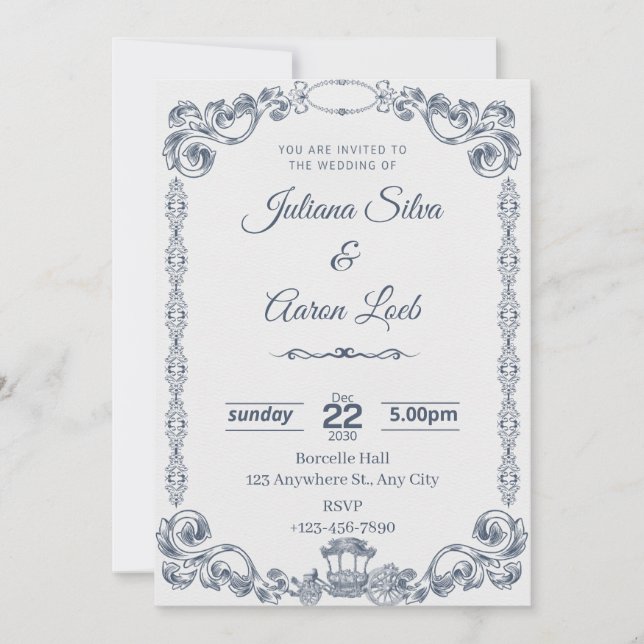 Convites Blue White Vintage Classic Elegant Wedding Invitat (Frente)