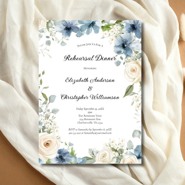 Convites Blue White Watercolor Florals Rehearsal Dinner (Blue White/Cream Watercolor Florals Wedding Rehearsal Dinner Invitation. Printed or Digital Download)