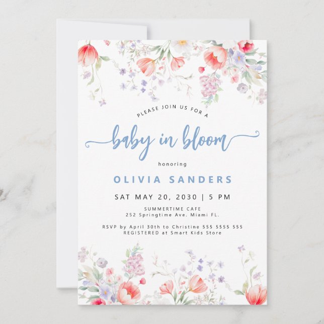 Convites Blue wildflower floral boy baby in bloom shower (Frente)