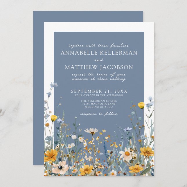 Convites Blue Wildflower Floral Wedding (Frente/Verso)