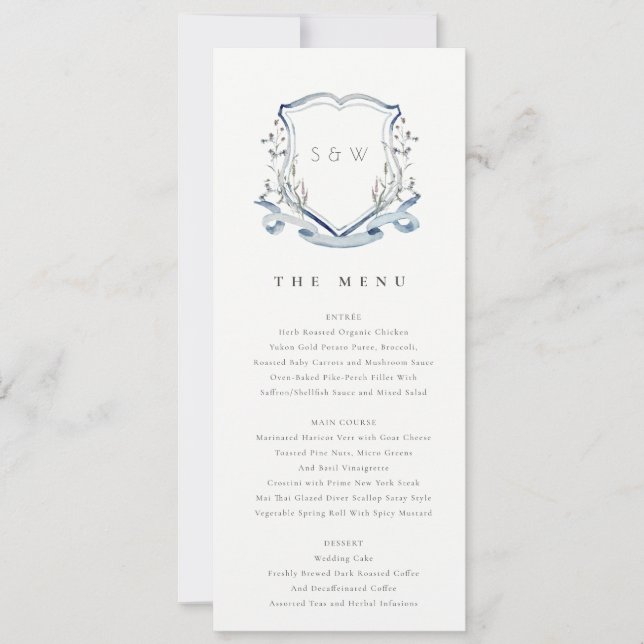 Convites Blue Wildflower Watercolor Crest Menu Card (Frente)