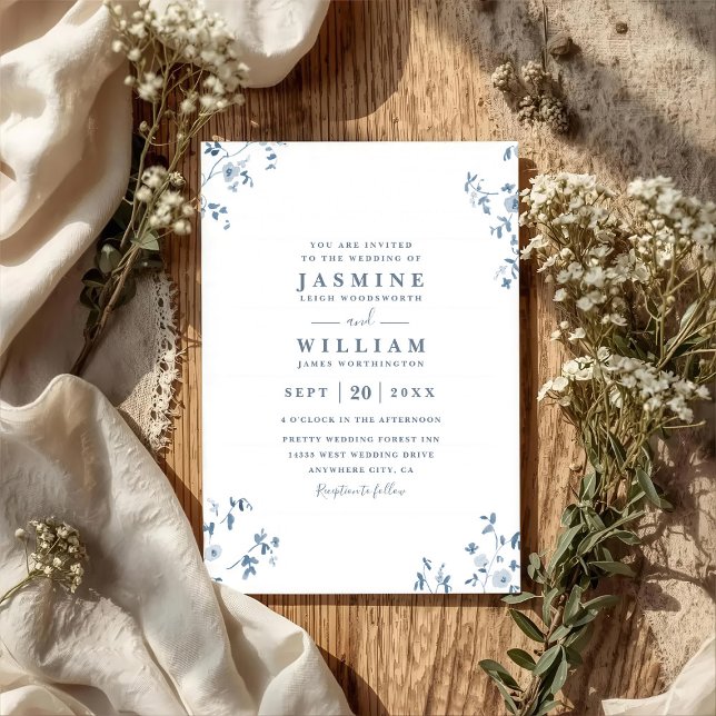 Convites Blue Wildflowers Elegant Modern QR Code Wedding (Criador carregado)