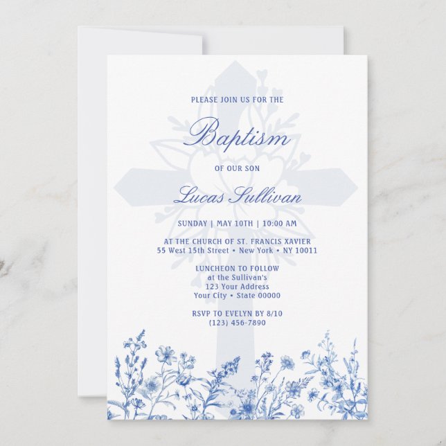 Convites Blue Wildflowers Holy Cross Baptism Invitation (Frente)