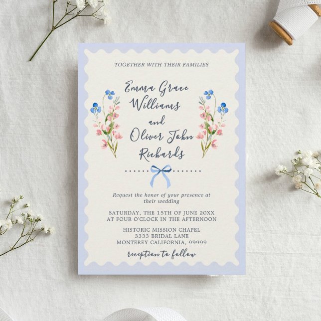 Convites Blue Wildflowers Pink Romantic Garden Wedding (Floral Romantic Garden Wedding Invitation.)