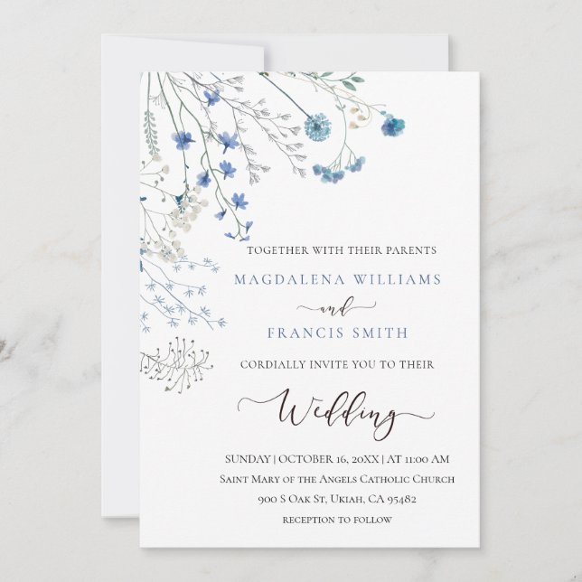 Convites blue wildflowers wedding invitation (Frente)